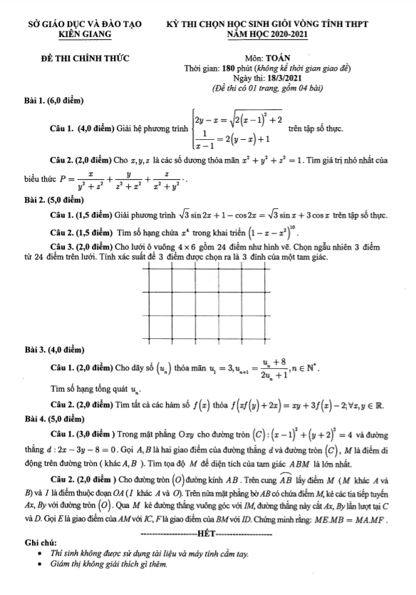 Đề thi học sinh giỏi tỉnh Toán THPT năm 2020 – 2021 sở GD&ĐT Kiên Giang