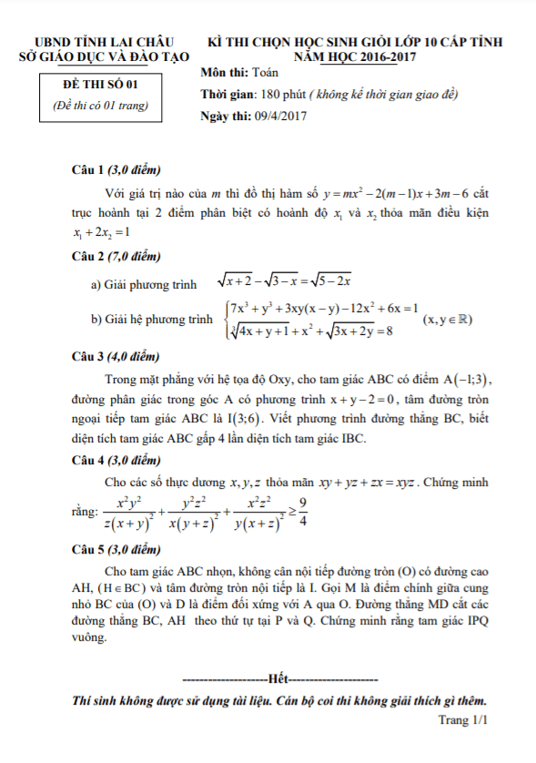 Đề thi học sinh giỏi Toán 10 cấp tỉnh năm 2016 – 2017 sở GD&ĐT Lai Châu