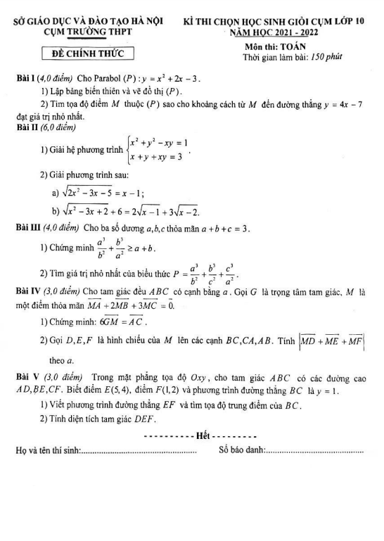 Đề thi học sinh giỏi Toán 10 năm 2021 – 2022 cụm trường THPT – Hà Nội