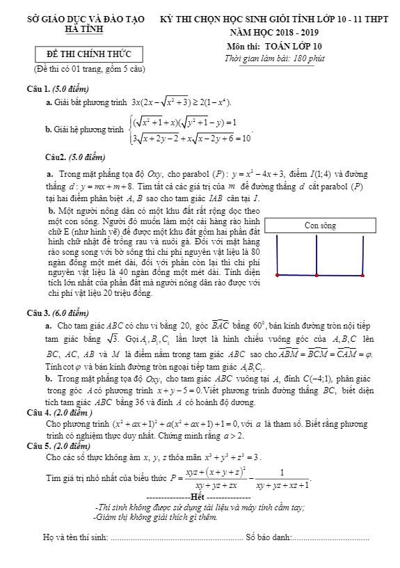 Đề thi học sinh giỏi Toán 10 năm học 2018 – 2019 sở GD&ĐT Hà Tĩnh