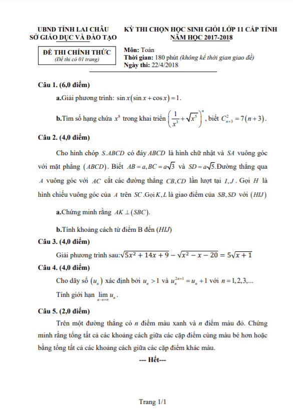Đề thi học sinh giỏi Toán 11 cấp tỉnh năm 2017 – 2018 sở GD&ĐT Lai Châu