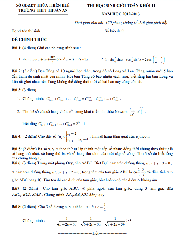 Đề thi học sinh giỏi Toán 11 năm 2012 – 2013 trường THPT Thuận An – TT Huế