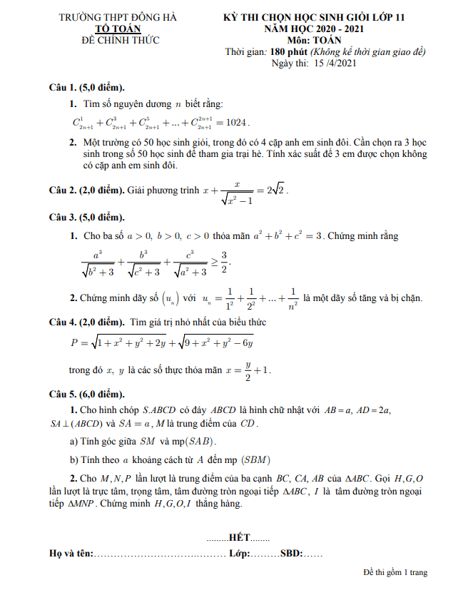 Đề thi học sinh giỏi Toán 11 năm 2020 – 2021 trường THPT Đông Hà – Quảng Trị