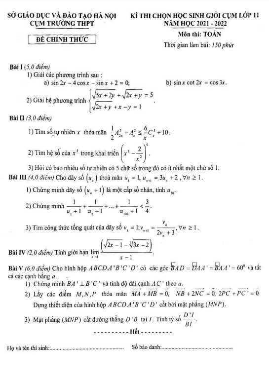 Đề thi học sinh giỏi Toán 11 năm 2021 – 2022 cụm trường THPT – Hà Nội