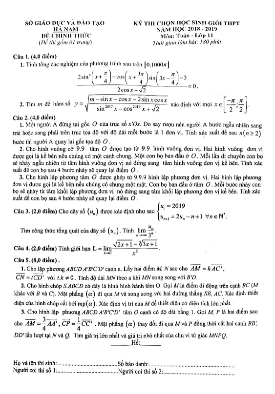 Đề thi học sinh giỏi Toán 11 THPT năm 2018 – 2019 sở GD&ĐT Hà Nam
