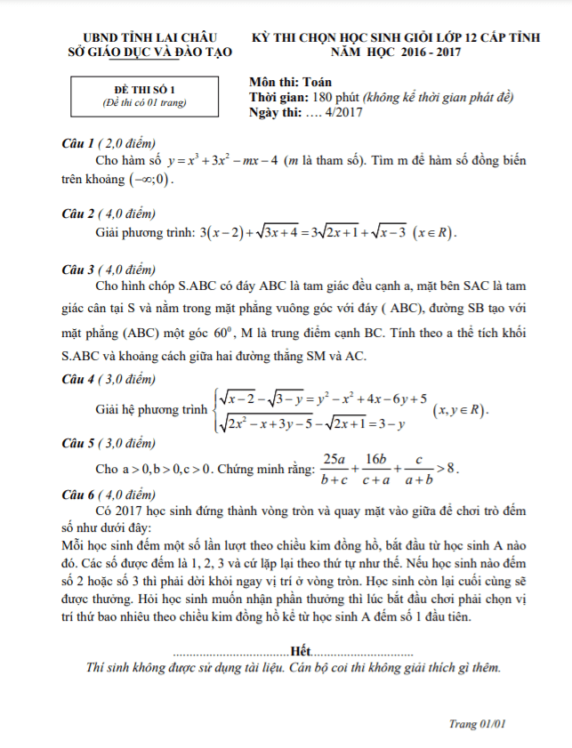 Đề thi học sinh giỏi Toán 12 cấp tỉnh năm 2016 – 2017 sở GD&ĐT Lai Châu