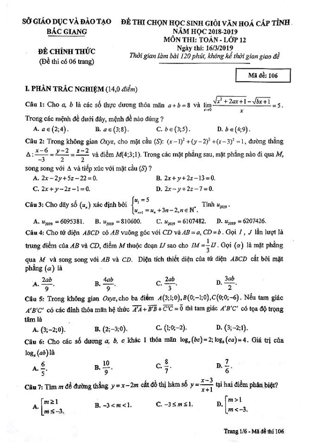 Đề thi học sinh giỏi Toán 12 cấp tỉnh năm 2018 – 2019 sở GD&ĐT Bắc Giang