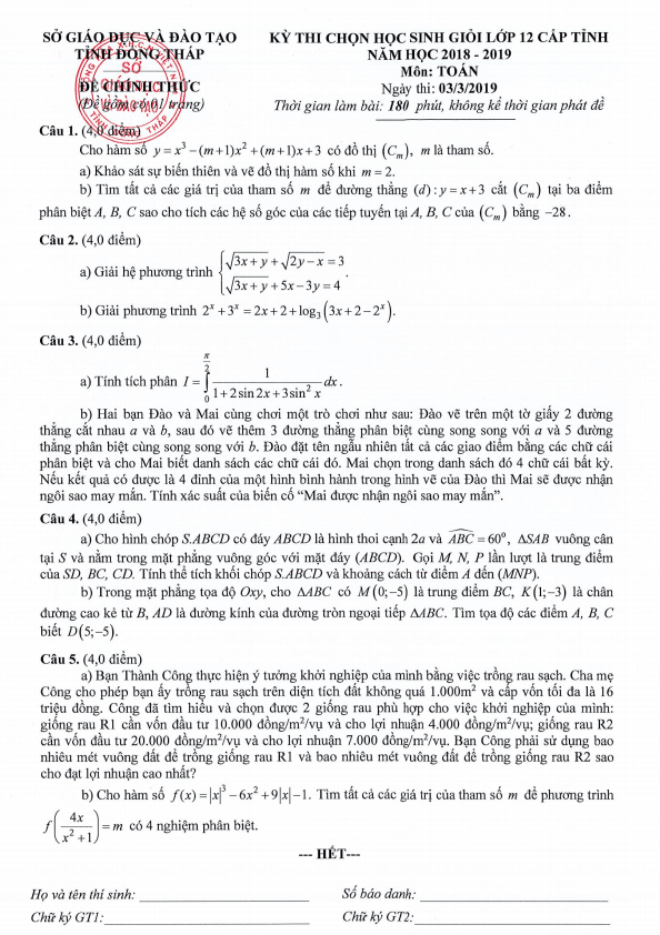 Đề thi học sinh giỏi Toán 12 cấp tỉnh năm 2018 – 2019 sở GD&ĐT Đồng Tháp