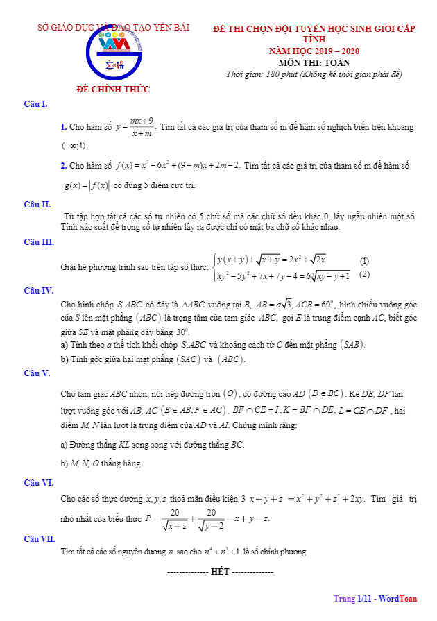 Đề thi học sinh giỏi Toán 12 cấp tỉnh năm 2019 – 2020 sở GD&ĐT Yên Bái