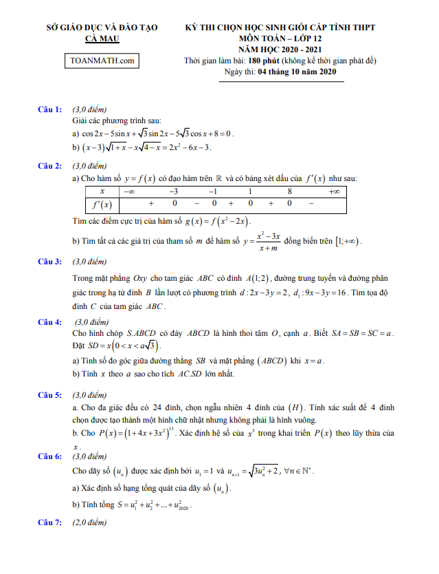 Đề thi học sinh giỏi Toán 12 cấp tỉnh năm 2020 – 2021 sở GD&ĐT Cà Mau