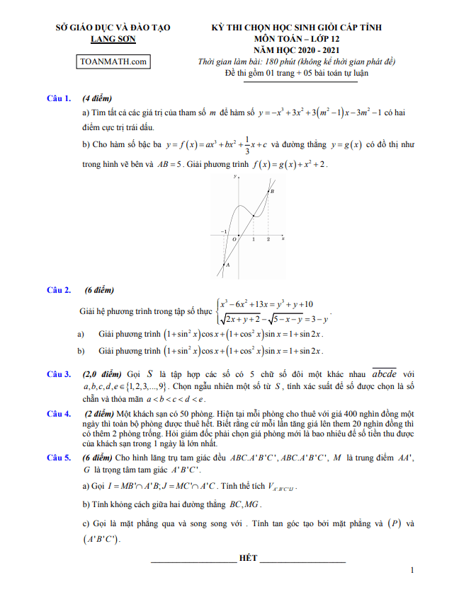 Đề thi học sinh giỏi Toán 12 cấp tỉnh năm 2020 – 2021 sở GD&ĐT Lạng Sơn