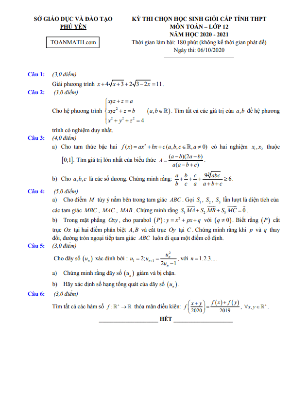 Đề thi học sinh giỏi Toán 12 cấp tỉnh năm 2020 – 2021 sở GD&ĐT Phú Yên