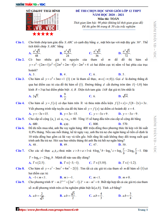 Đề thi học sinh giỏi Toán 12 cấp tỉnh năm 2020 – 2021 sở GD&ĐT Thái Bình