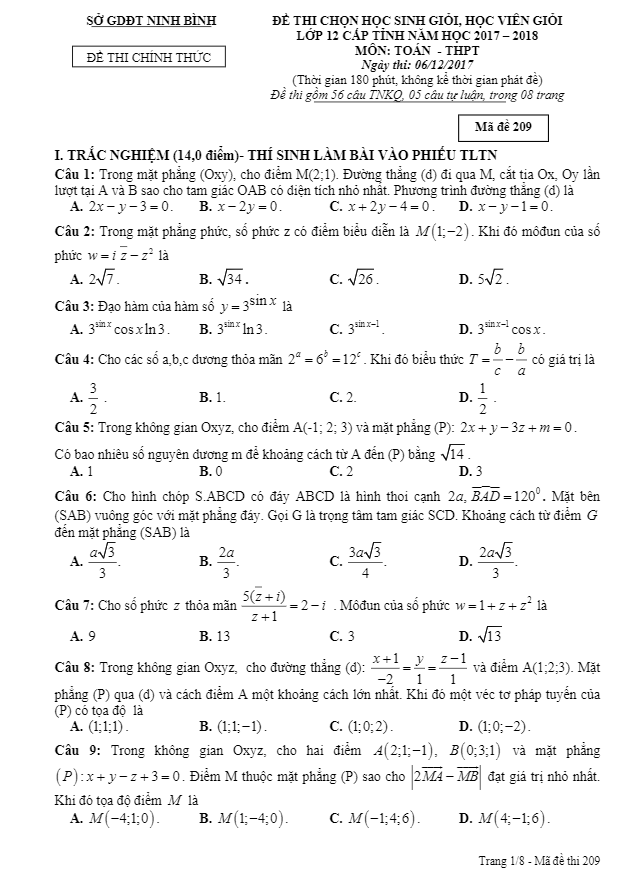 Đề thi học sinh giỏi Toán 12 cấp tỉnh năm học 2017 – 2018 sở GD và ĐT Ninh Bình