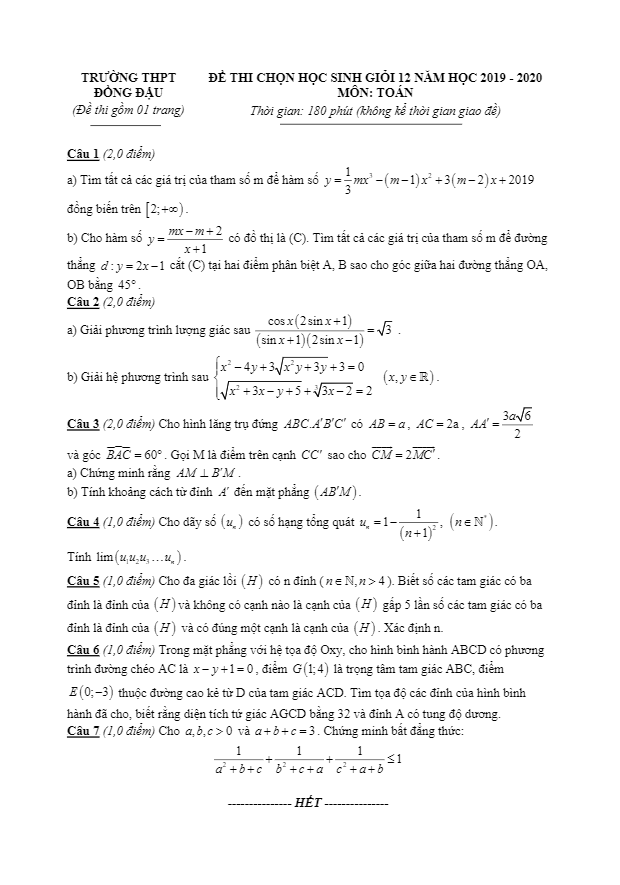 Đề thi học sinh giỏi Toán 12 năm 2019 – 2020 trường Đồng Đậu – Vĩnh Phúc