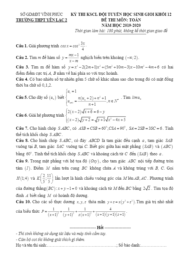 Đề thi học sinh giỏi Toán 12 năm 2019 – 2020 trường Yên Lạc 2 – Vĩnh Phúc