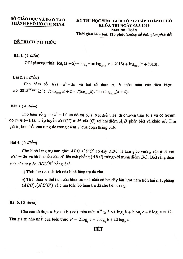 Đề thi học sinh giỏi Toán 12 năm 2019 sở GD&ĐT TP Hồ Chí Minh