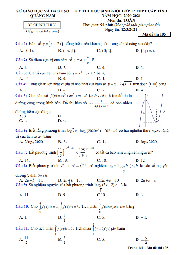 Đề thi học sinh giỏi Toán 12 năm 2020 – 2021 sở GD&ĐT tỉnh Quảng Nam