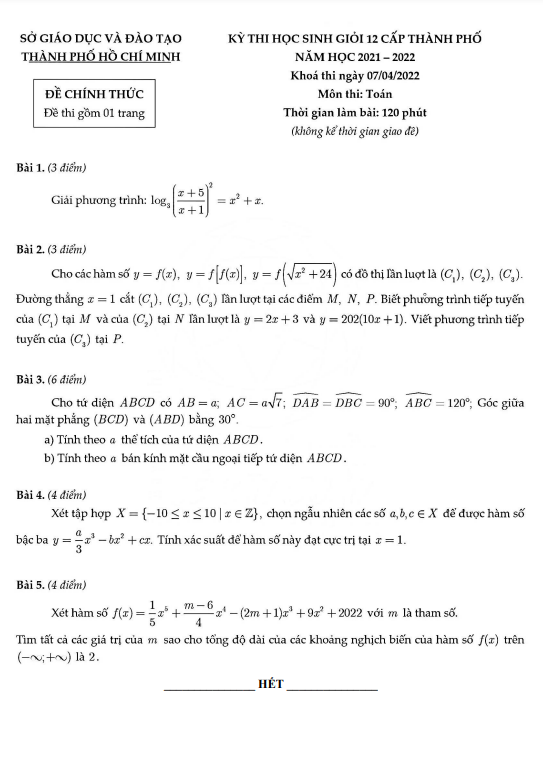 Đề thi học sinh giỏi Toán 12 năm 2021 – 2022 sở GD&ĐT TP Hồ Chí Minh