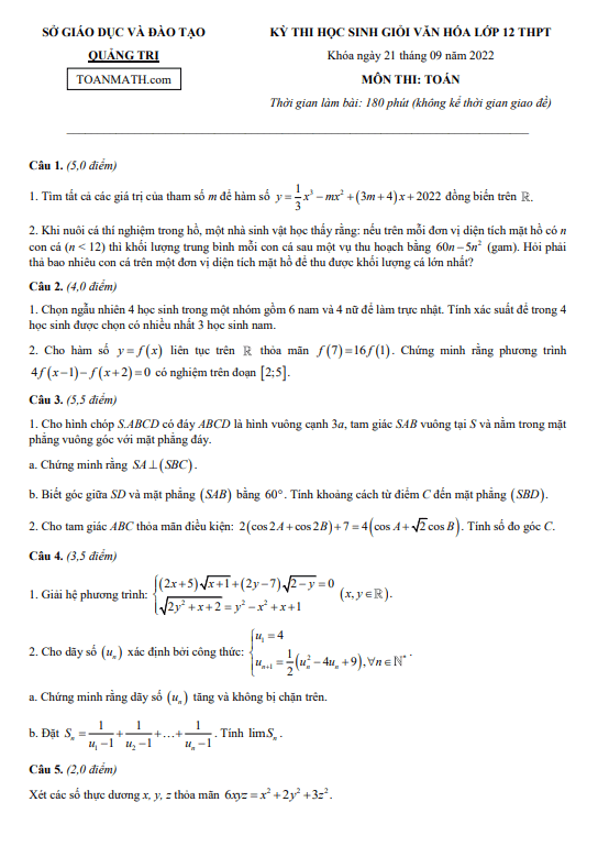 Đề thi học sinh giỏi Toán 12 năm 2022 – 2023 sở GD&ĐT Quảng Trị