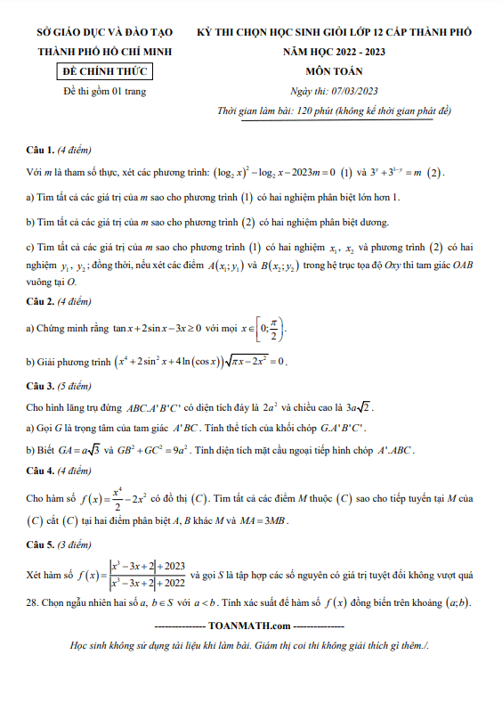 Đề thi học sinh giỏi Toán 12 năm 2022 – 2023 sở GD&ĐT TP Hồ Chí Minh