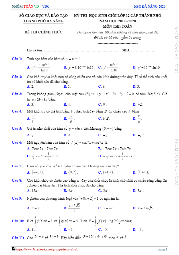 Đề thi học sinh giỏi Toán 12 năm học 2019 – 2020 sở GD&ĐT Đà Nẵng