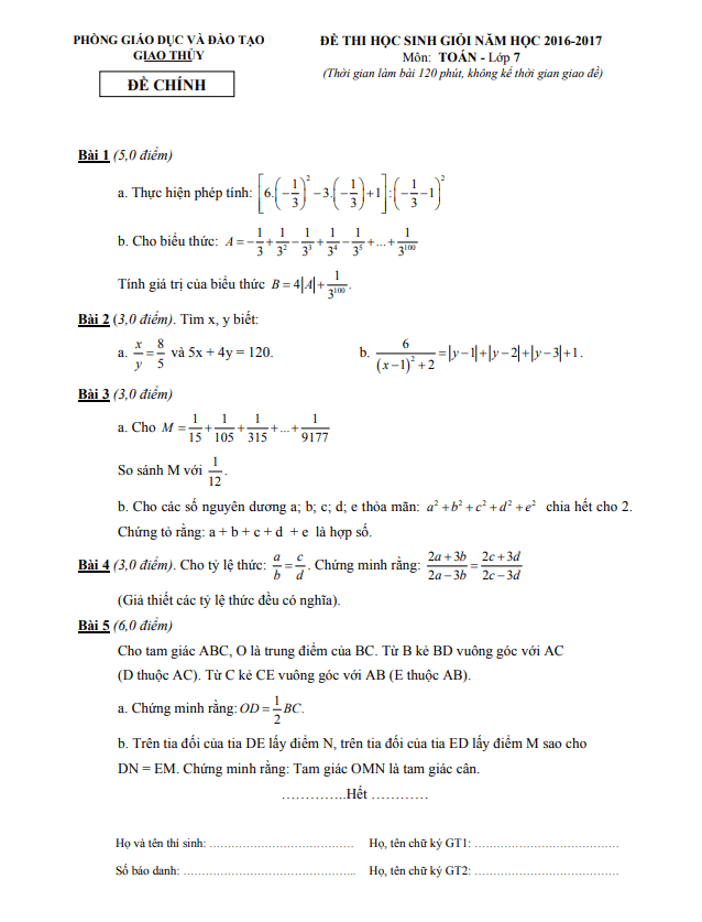 Đề thi học sinh giỏi Toán 7 năm 2016 – 2017 phòng GD&ĐT Giao Thủy – Nam Định