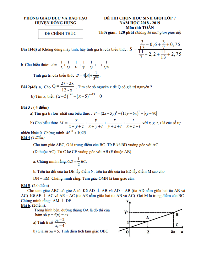 Đề thi học sinh giỏi Toán 7 năm 2018 – 2019 phòng GD&ĐT Đông Hưng – Thái Bình