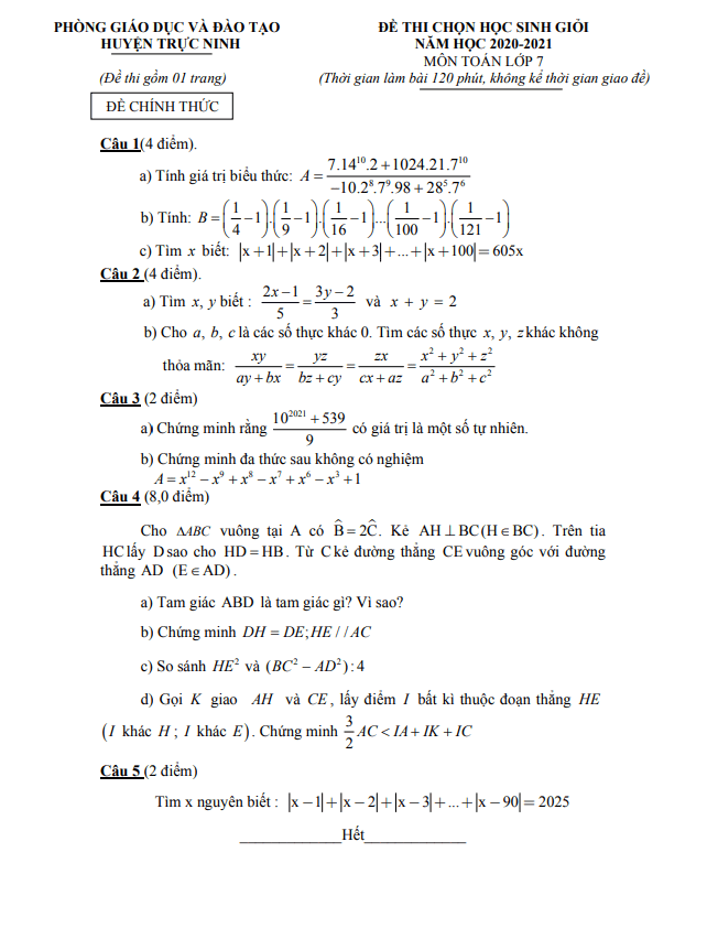 Đề thi học sinh giỏi Toán 7 năm 2020 – 2021 phòng GD&ĐT Trực Ninh – Nam Định