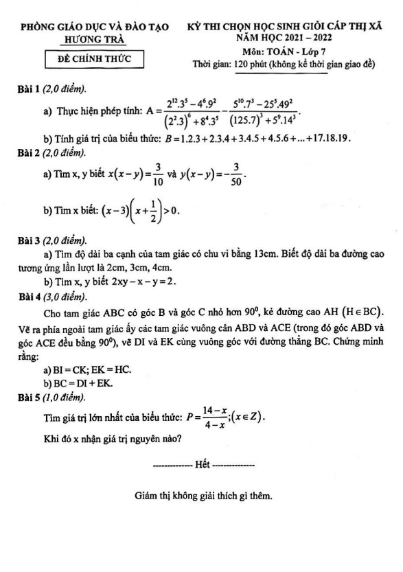 Đề thi học sinh giỏi Toán 7 năm 2021 – 2022 phòng GD&ĐT Hương Trà – TT Huế