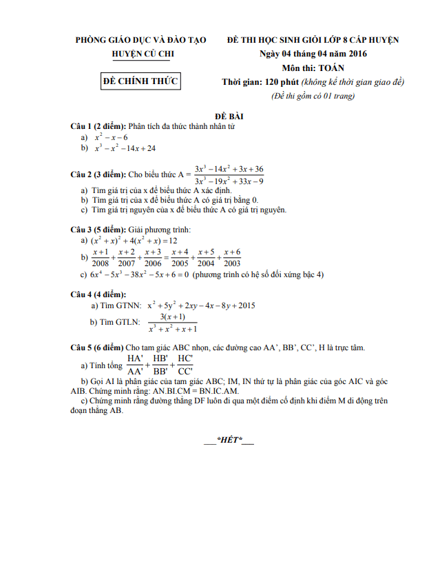 Đề thi học sinh giỏi Toán 8 cấp huyện năm 2015 – 2016 phòng GD&ĐT Củ Chi – TP HCM