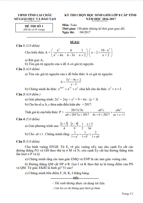 Đề thi học sinh giỏi Toán 8 cấp tỉnh năm 2016 – 2017 sở GD&ĐT Lai Châu