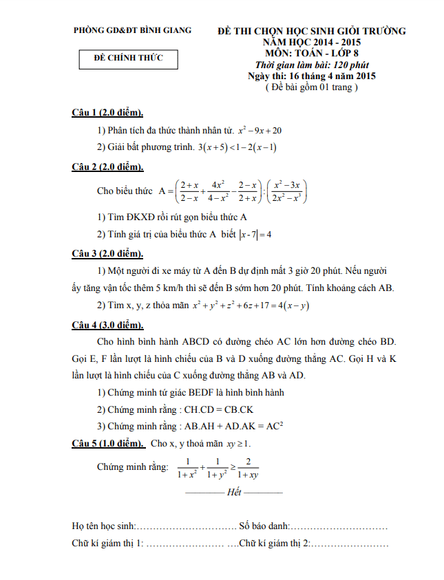 Đề thi học sinh giỏi Toán 8 năm 2014 – 2015 phòng GD&ĐT Bình Giang – Hải Dương