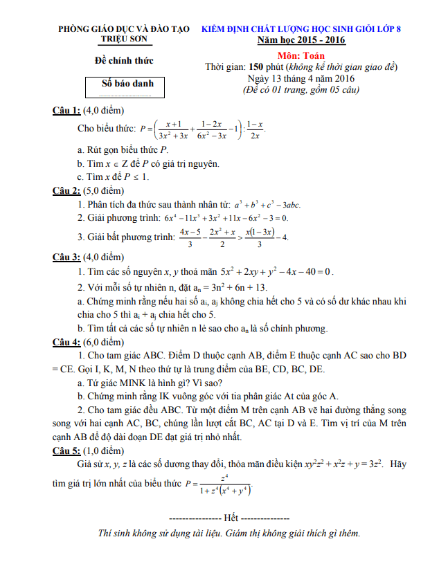 Đề thi học sinh giỏi Toán 8 năm 2015 – 2016 phòng GD&ĐT Triệu Sơn – Thanh Hóa