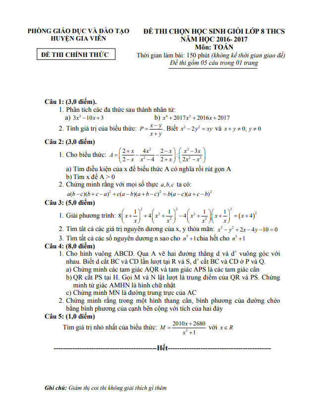 Đề thi học sinh giỏi Toán 8 năm 2016 – 2017 phòng GD&ĐT Gia Viễn – Ninh Bình