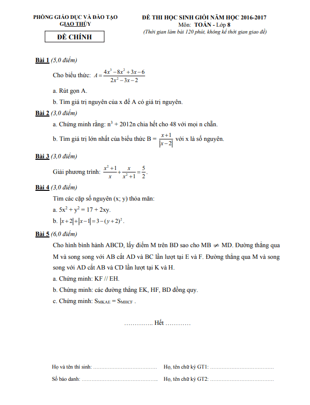 Đề thi học sinh giỏi Toán 8 năm 2016 – 2017 phòng GD&ĐT Giao Thủy – Nam Định