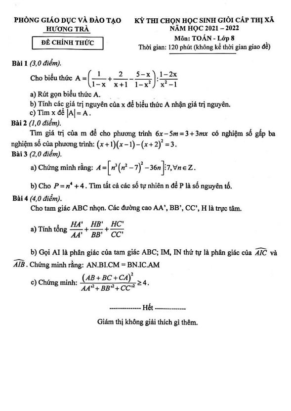 Đề thi học sinh giỏi Toán 8 năm 2021 – 2022 phòng GD&ĐT Hương Trà – TT Huế