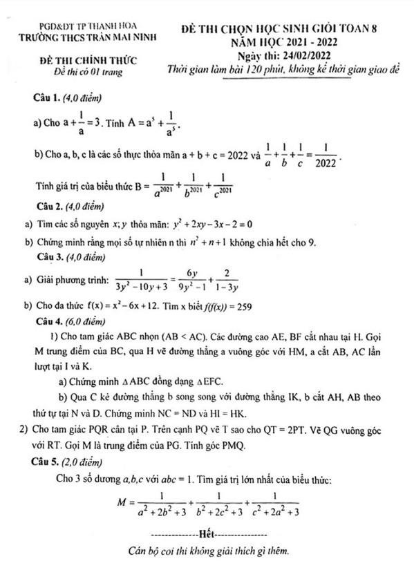 Đề thi học sinh giỏi Toán 8 năm 2021 – 2022 trường THCS Trần Mai Ninh – Thanh Hóa