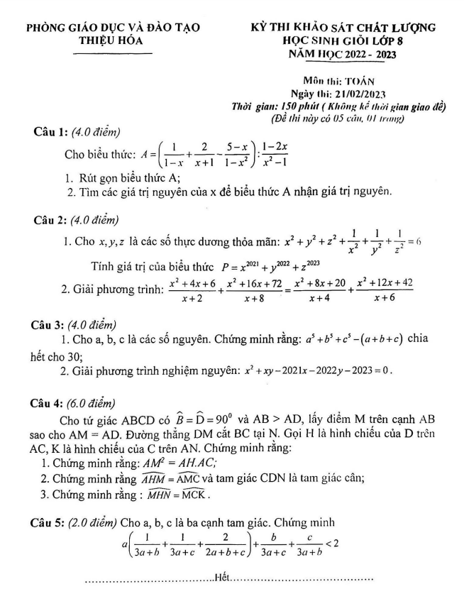 Đề thi học sinh giỏi Toán 8 năm 2022 – 2023 phòng GD&ĐT Thiệu Hóa – Thanh Hóa