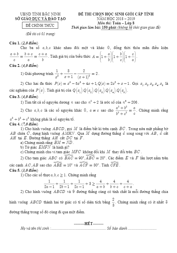 Đề thi học sinh giỏi Toán 8 năm học 2018 – 2019 sở GD&ĐT Bắc Ninh