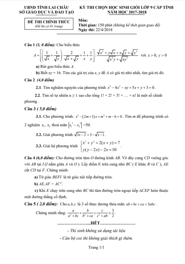 Đề thi học sinh giỏi Toán 9 cấp tỉnh năm 2017 – 2018 sở GD&ĐT Lai Châu