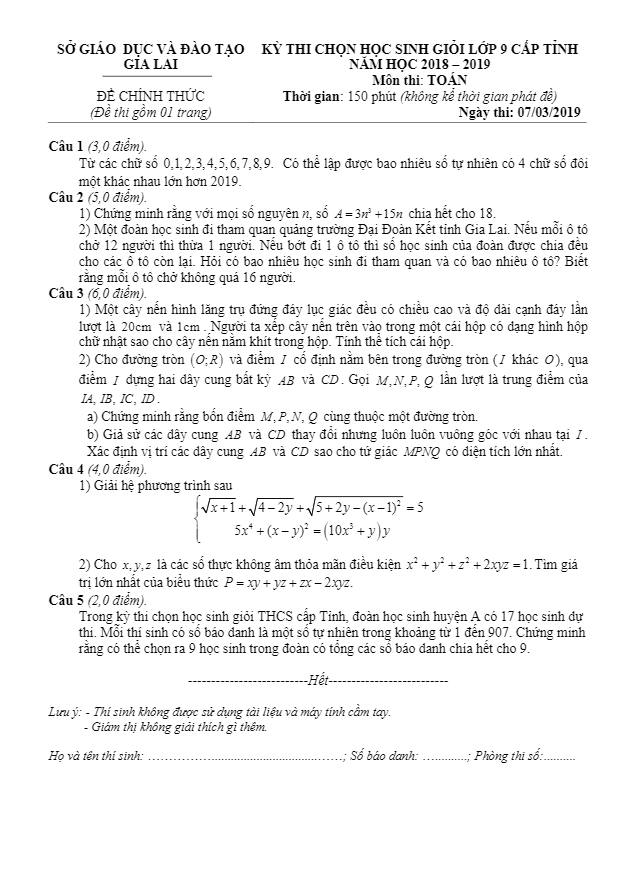 Đề thi học sinh giỏi Toán 9 cấp tỉnh năm 2018 – 2019 sở GD&ĐT Gia Lai