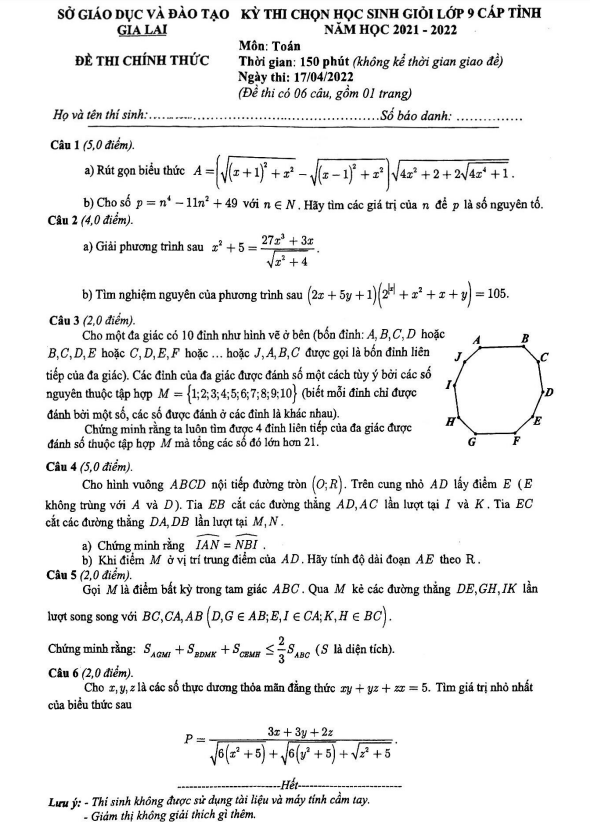 Đề thi học sinh giỏi Toán 9 cấp tỉnh năm 2021 – 2022 sở GD&ĐT Gia Lai