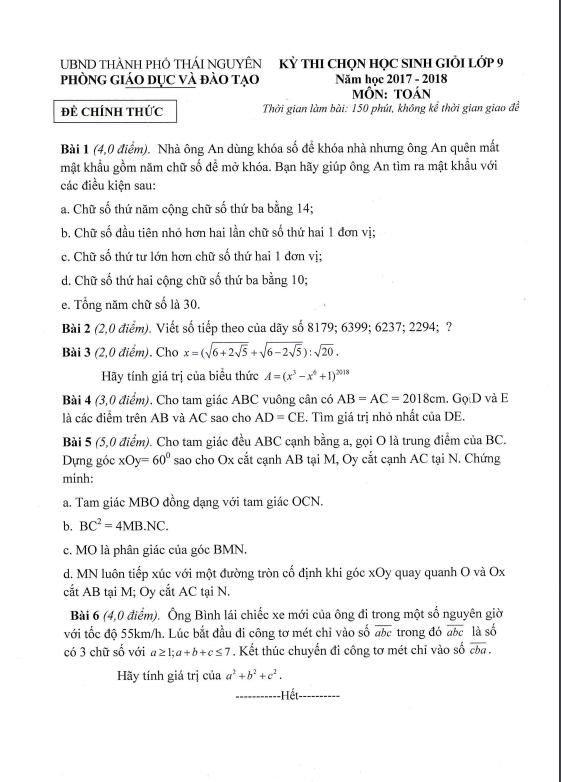 Đề thi học sinh giỏi Toán 9 năm 2017 – 2018 phòng GD&ĐT thành phố Thái Nguyên