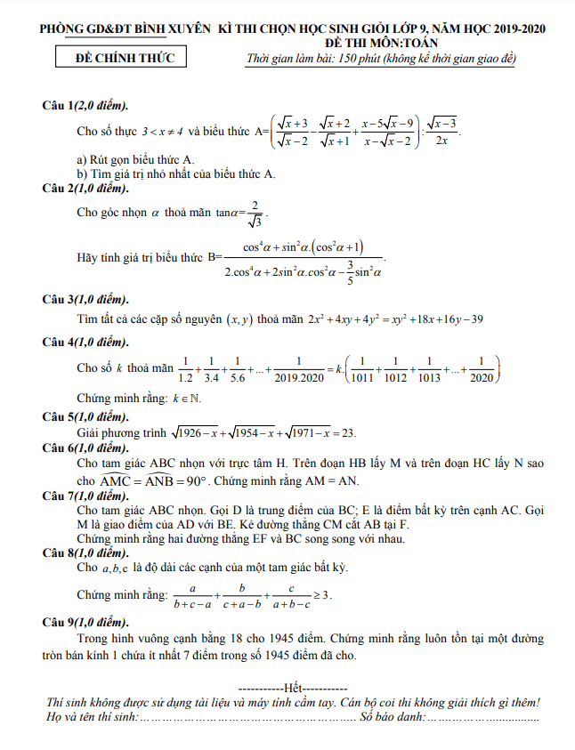Đề thi học sinh giỏi Toán 9 năm 2019 – 2020 phòng GD&ĐT Bình Xuyên – Vĩnh Phúc
