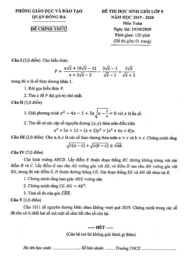 Đề thi học sinh giỏi Toán 9 năm 2019 – 2020 phòng GD&ĐT Đống Đa – Hà Nội