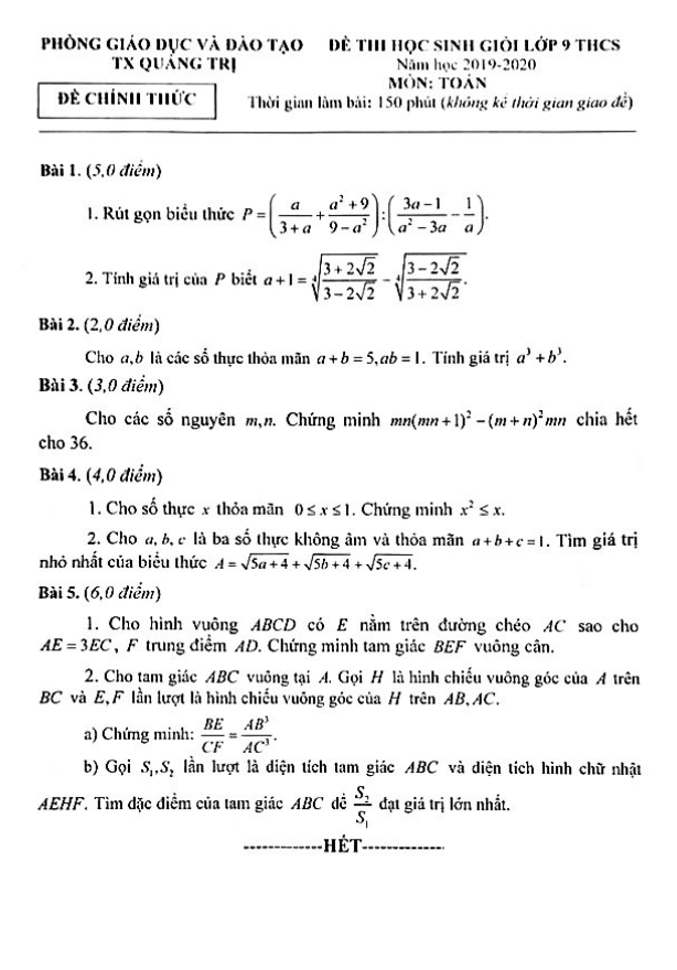 Đề thi học sinh giỏi Toán 9 năm 2019 – 2020 phòng GD&ĐT Thị xã Quảng Trị