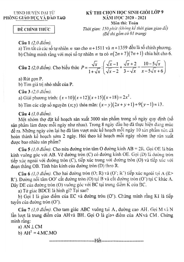 Đề thi học sinh giỏi Toán 9 năm 2020 – 2021 phòng GD&ĐT Đại Từ – Thái Nguyên