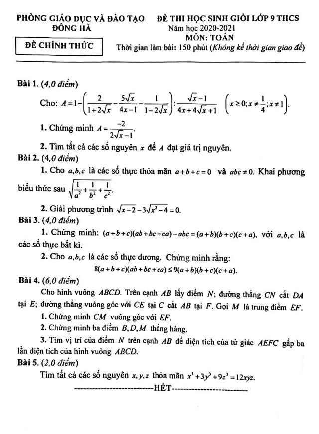 Đề thi học sinh giỏi Toán 9 năm 2020 – 2021 phòng GD&ĐT Đông Hà – Quảng Trị
