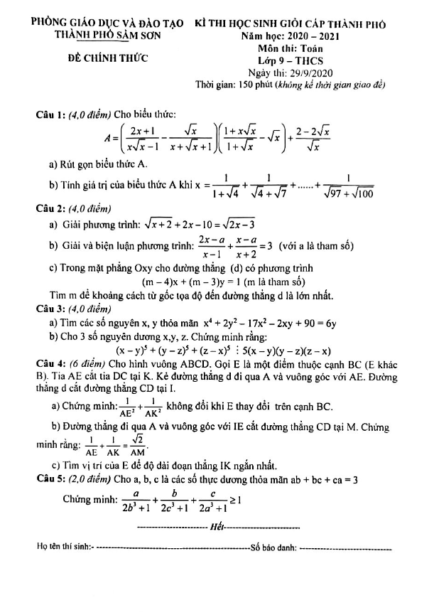 Đề thi học sinh giỏi Toán 9 năm 2020 – 2021 phòng GD&ĐT Sầm Sơn – Thanh Hóa